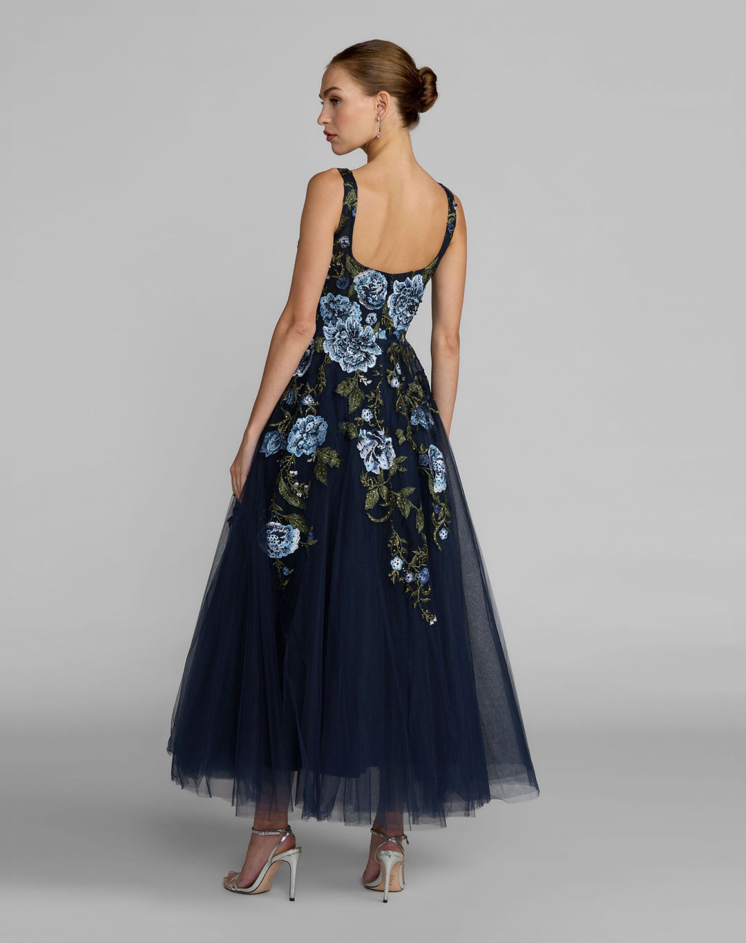 Mac Duggal 21295 Navy Square Neck Embroidered A-Line Midi Dress