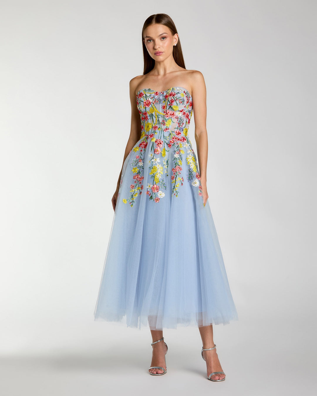 Blue Strapless Floral Embroidered A-Line Midi Dress - FOSTANI.com