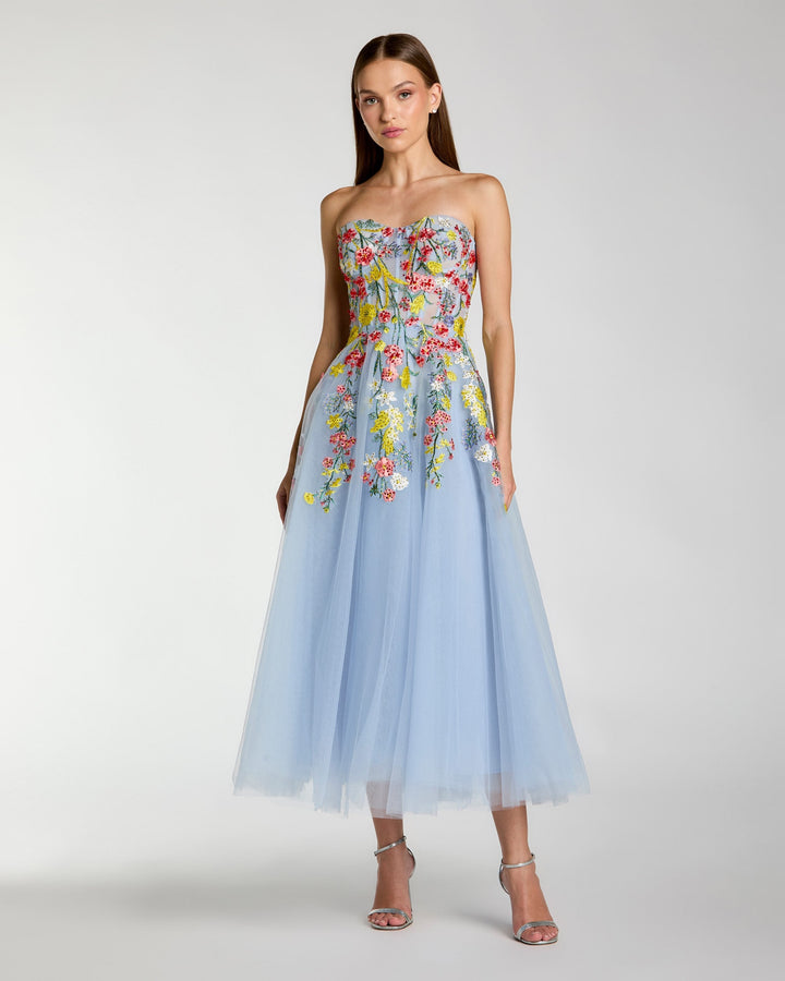 Blue Strapless Floral Embroidered A-Line Midi Dress - FOSTANI.com