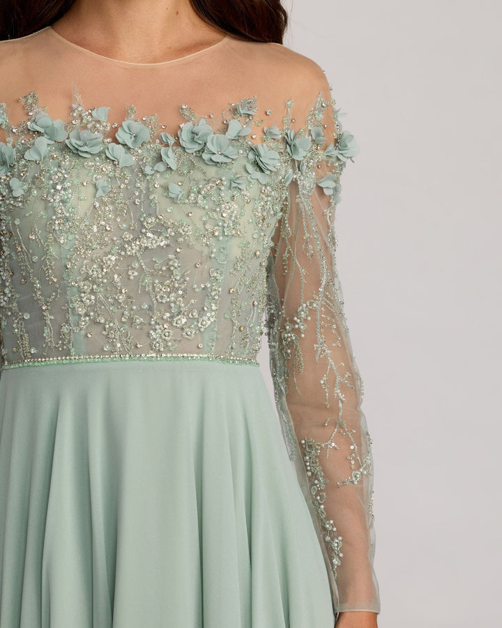 Mac Duggal 21315 Green Embellished Off the Shoulder Gown With 3D Flowers