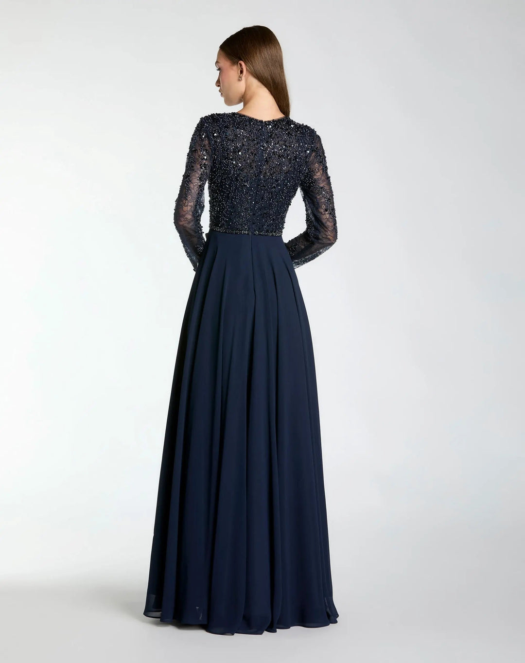Mac Duggal 21316 Navy Embellished Lace Long Sleeve Gown With Chiffon Skirt