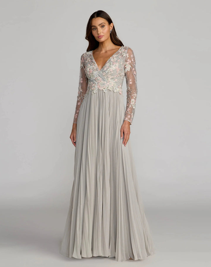 Mac Duggal 21332 Gray Long Sleeve Embroidered Chiffon A-Line Gown
