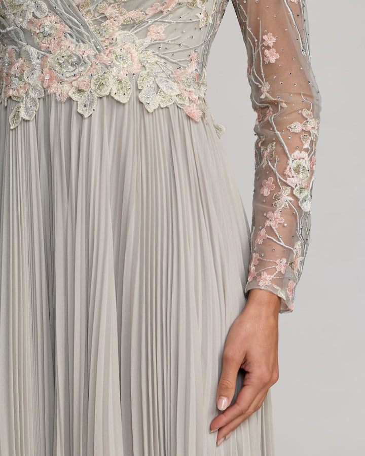 Mac Duggal 21332 Gray Long Sleeve Embroidered Chiffon A-Line Gown