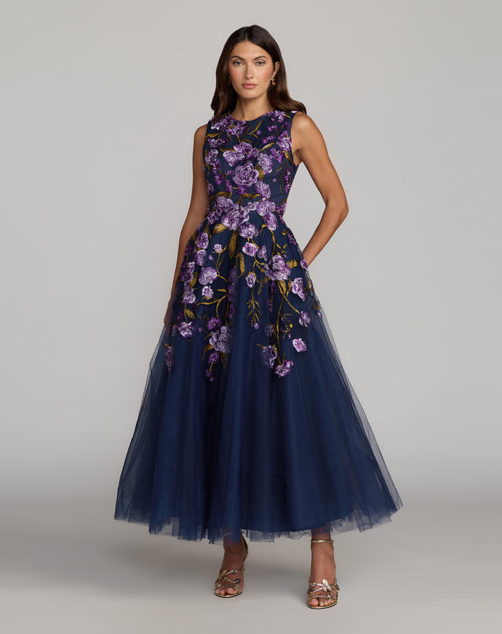 Mac Duggal 21358 Navy Embroidered Sleeveless A-Line Midi Dress