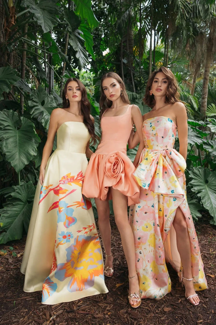Yellow Strapless Mikado Ball Gown With Floral Print - FOSTANI.com