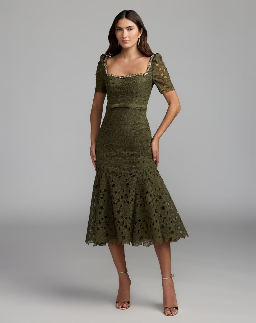 Mac Duggal 21397 Embellished Square Neck Lace Midi Dress