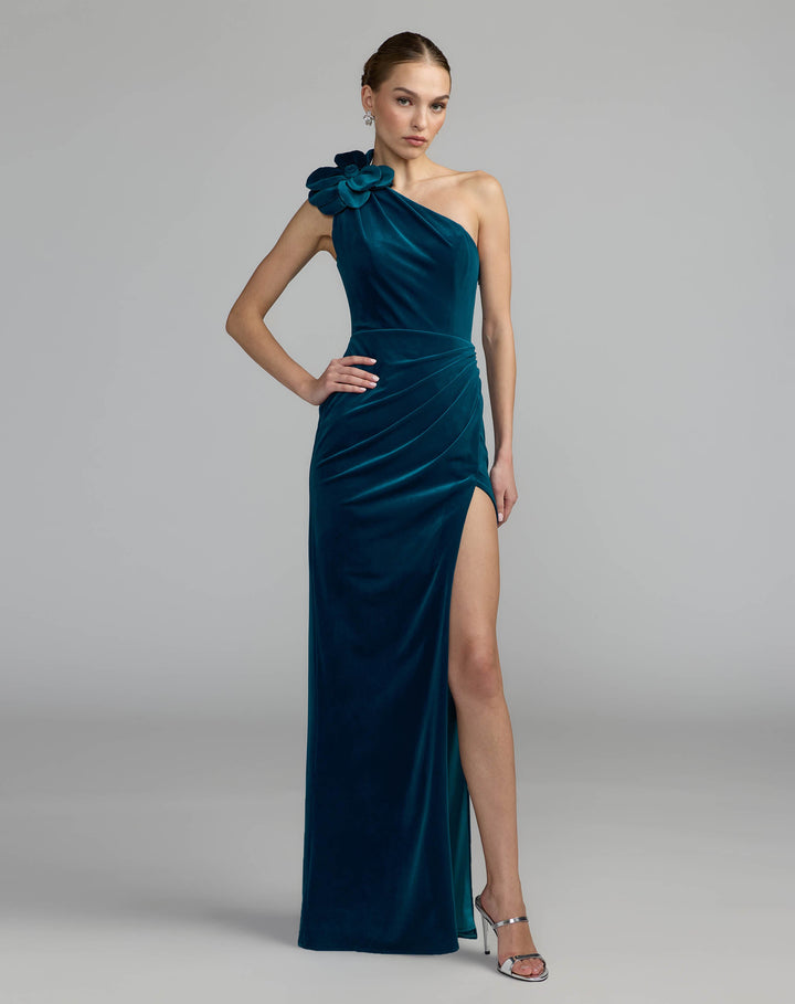 Mac Duggal 21411 One Shoulder Velvet Gown With 3D Flower