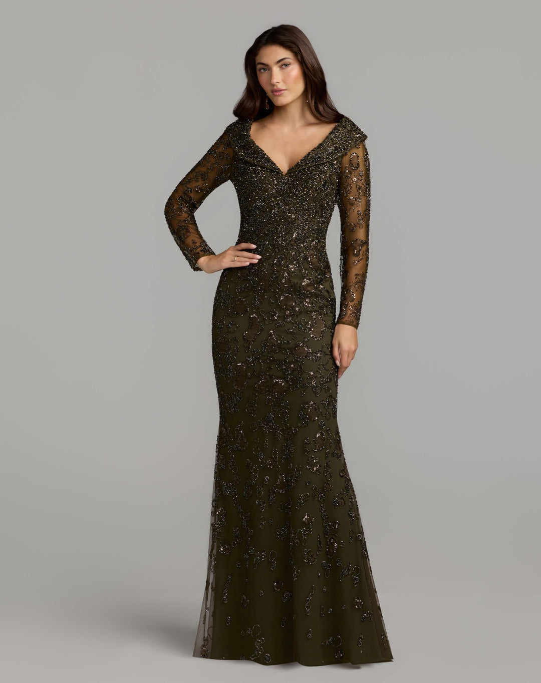 Mac Duggal 21489 Portrait Collar Long Sleeve Embellished Gown