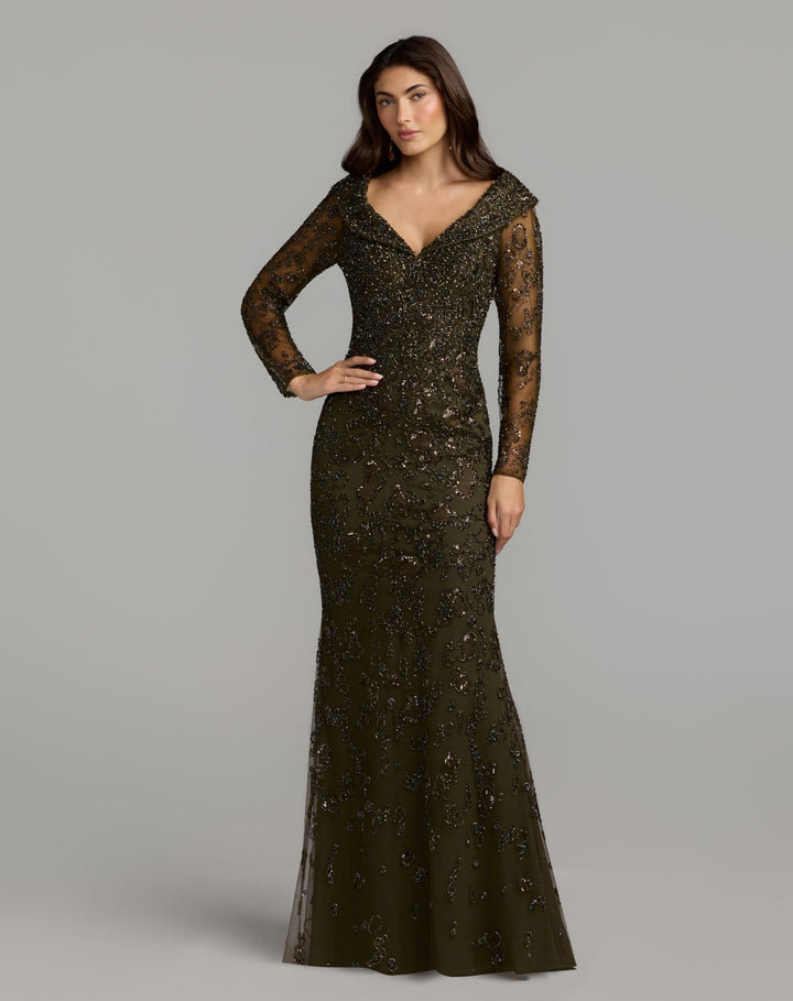 Mac Duggal 21489 Portrait Collar Long Sleeve Embellished Gown