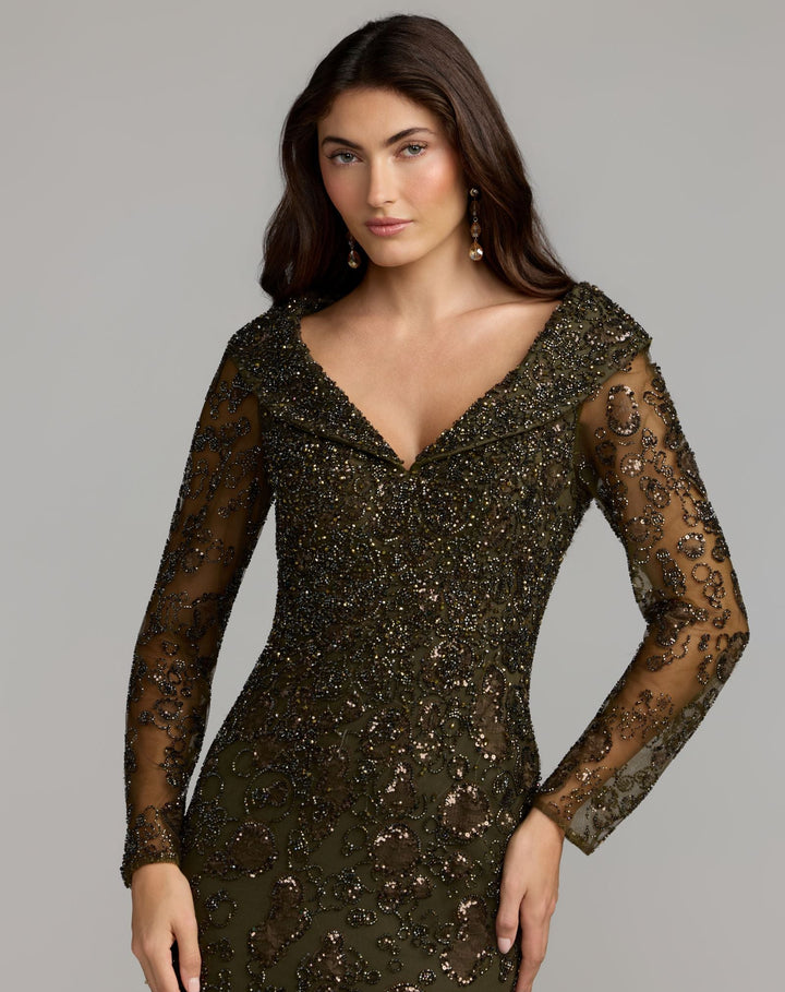 Mac Duggal 21489 Portrait Collar Long Sleeve Embellished Gown