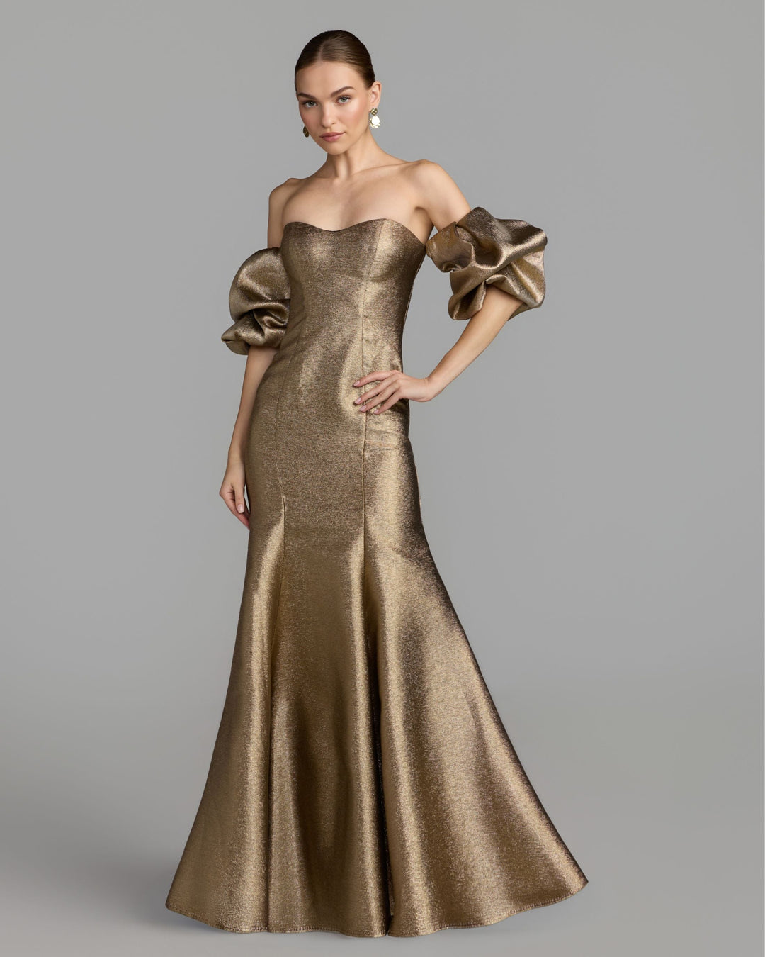 Mac Duggal 21519 Brocade Off The Shoulder Puff Sleeve Gown