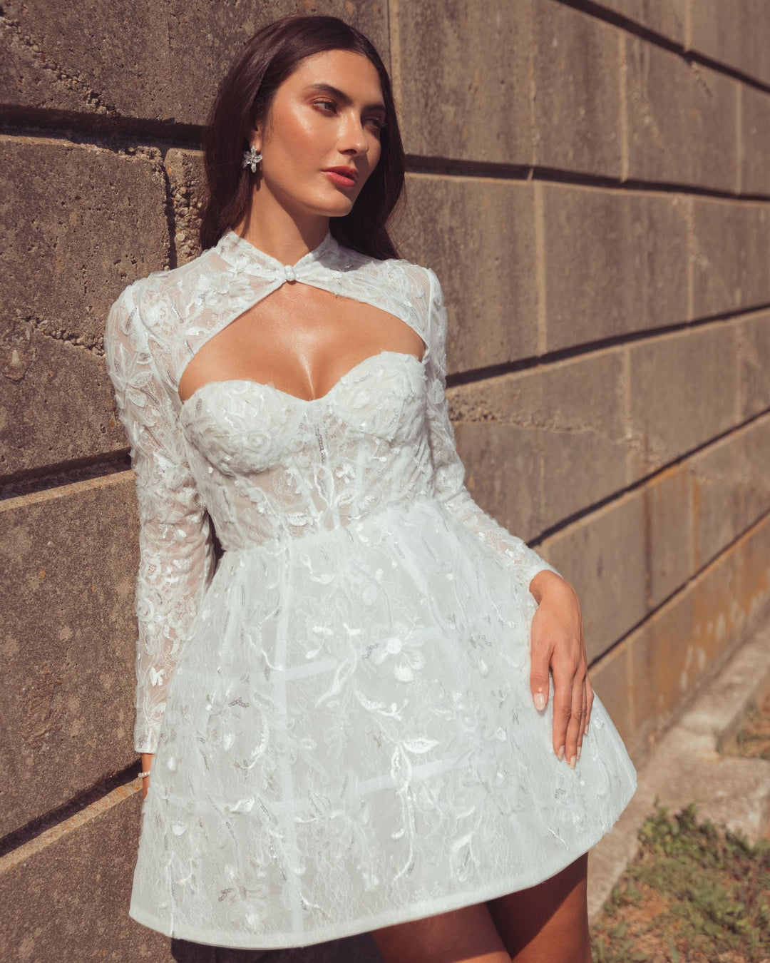Mac Duggal 21542 Long Sleeve Lace A-Line Mini Dress