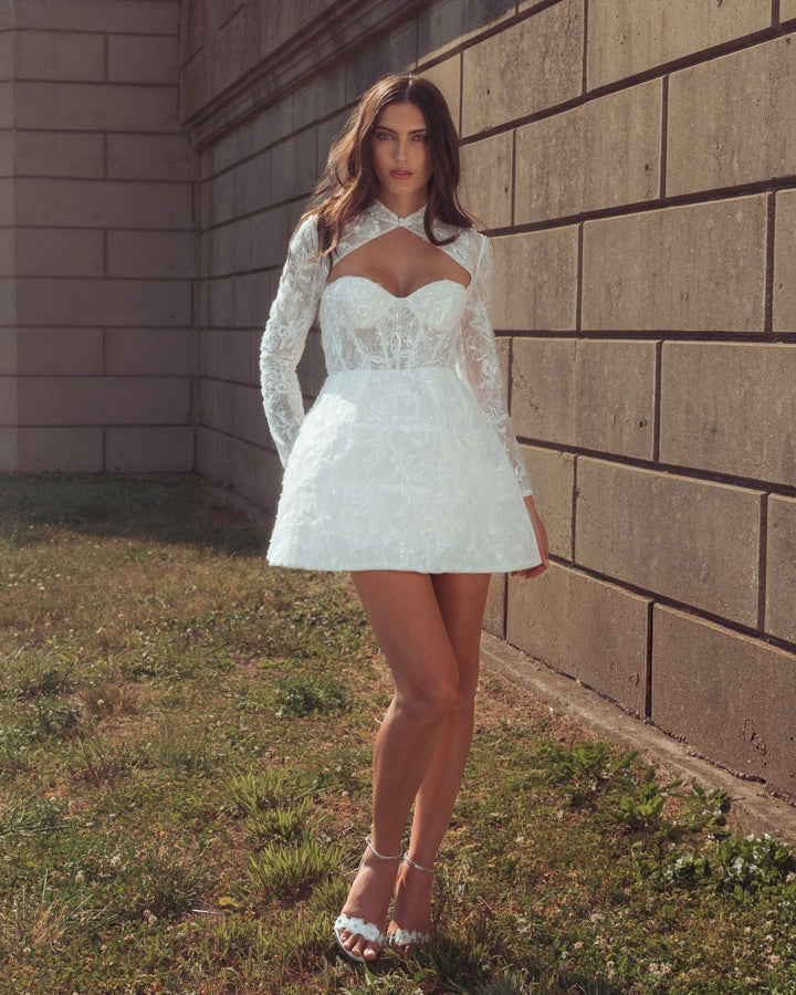 Mac Duggal 21542 Long Sleeve Lace A-Line Mini Dress