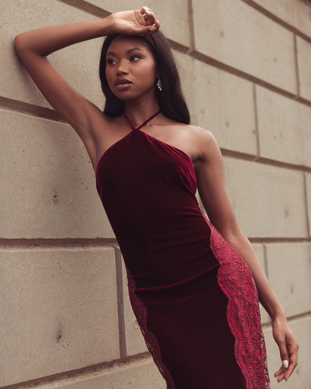 Mac Duggal 21576 Velvet and Lace Halter Column Gown