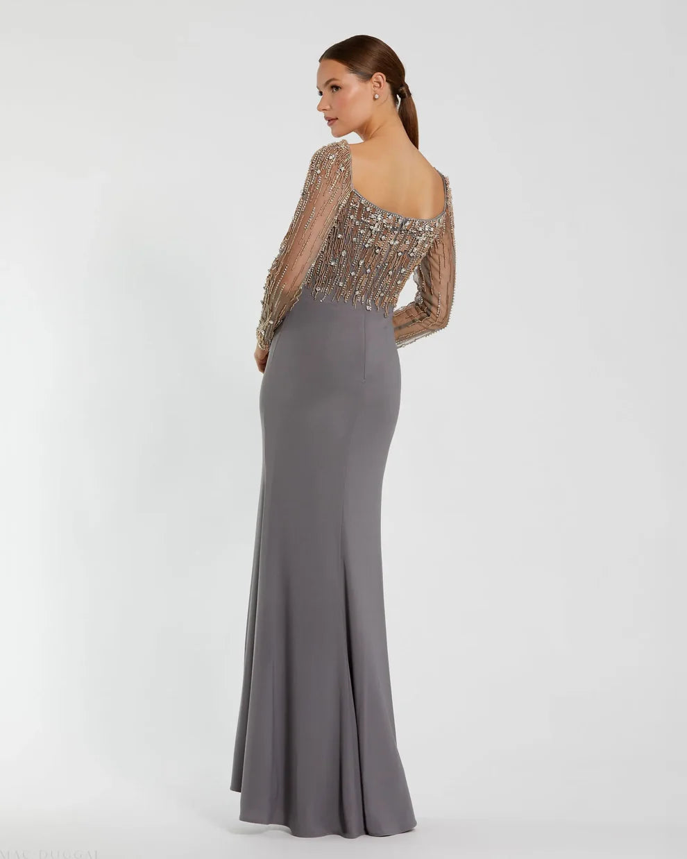 Mac Duggal 2256 Black Beaded Square Neck Long Sleeve Jersey Gown