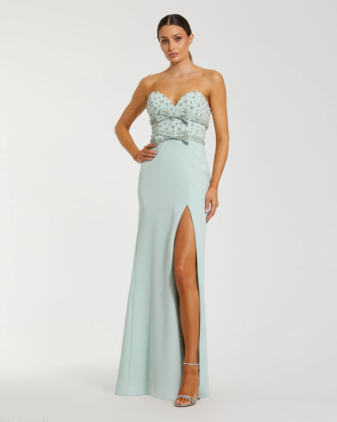 Mac Duggal 2285 Green Strapless Rhinestone Bodice Crepe Gown