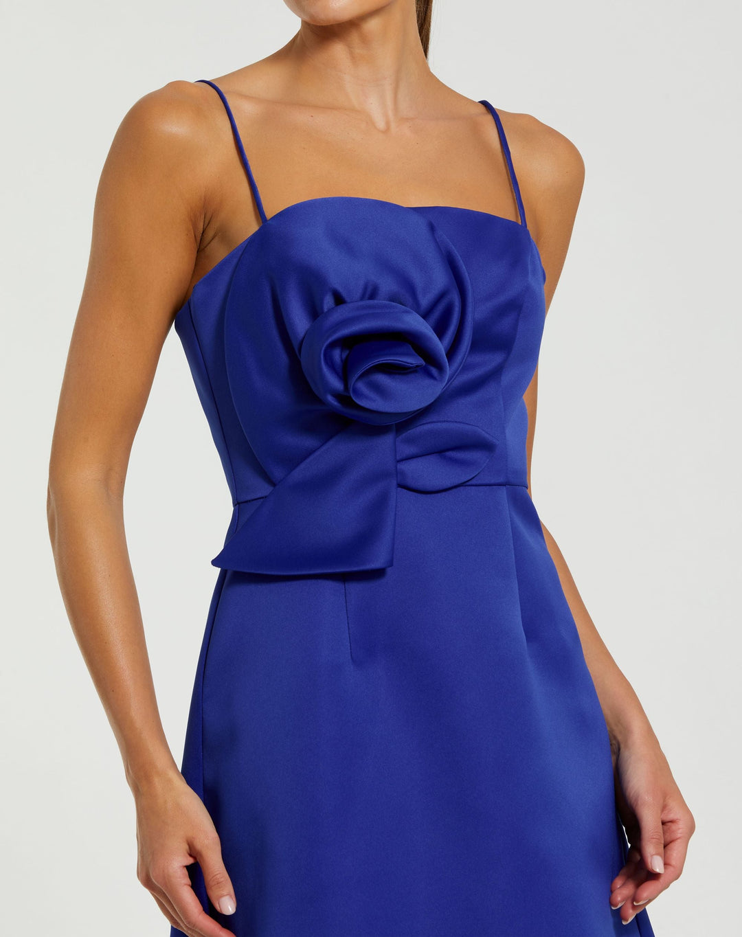 Mac Duggal 2287 Blue Satin A-Line Mini Dress With 3D Rose Detail