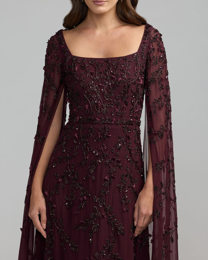 Mac Duggal 23068 Floral Embellished Cape Sleeve Gown