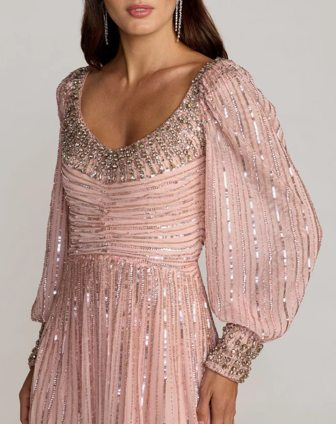Mac Duggal 23085 Pink Embellished Long Sleeve Scoop Neck A-Line Gown