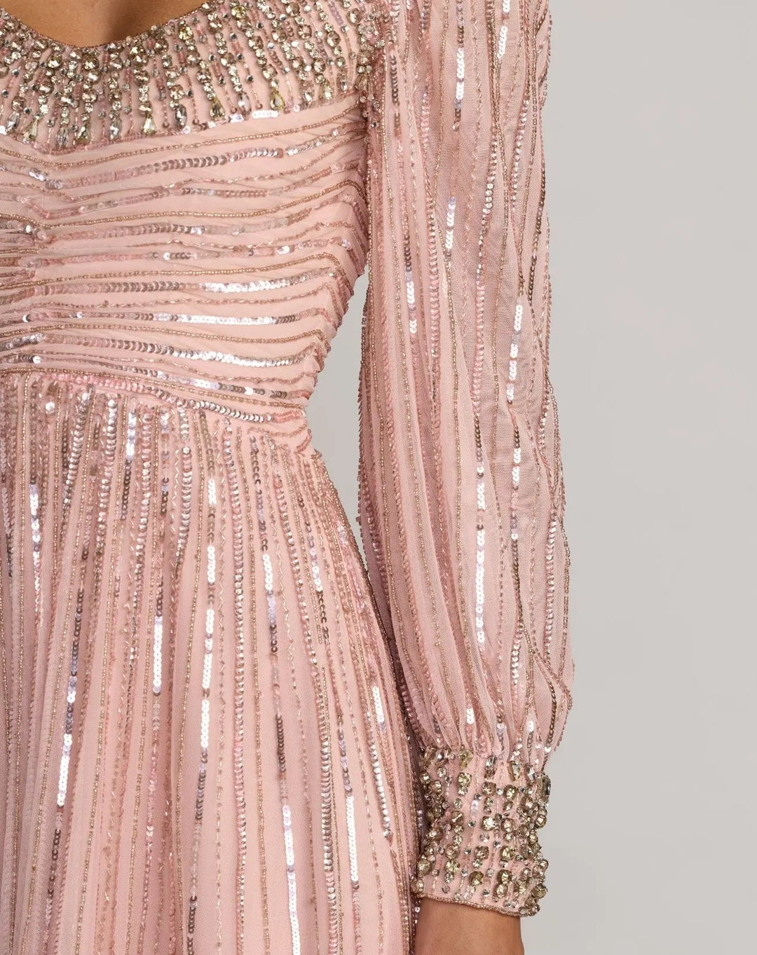 Mac Duggal 23085 Pink Embellished Long Sleeve Scoop Neck A-Line Gown
