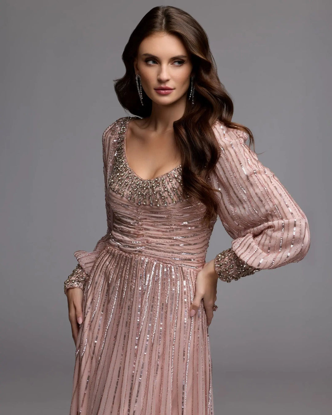 Mac Duggal 23085 Pink Embellished Long Sleeve Scoop Neck A-Line Gown