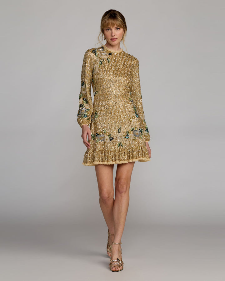 Mac Duggal 23102 Floral Hand Beaded Long Sleeve Mini Dress