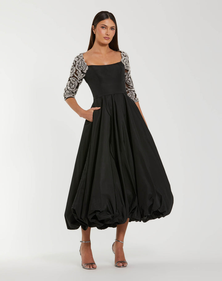 Mac Duggal 2320 Bubble Hem Midi Dress With Embellished Sleeves