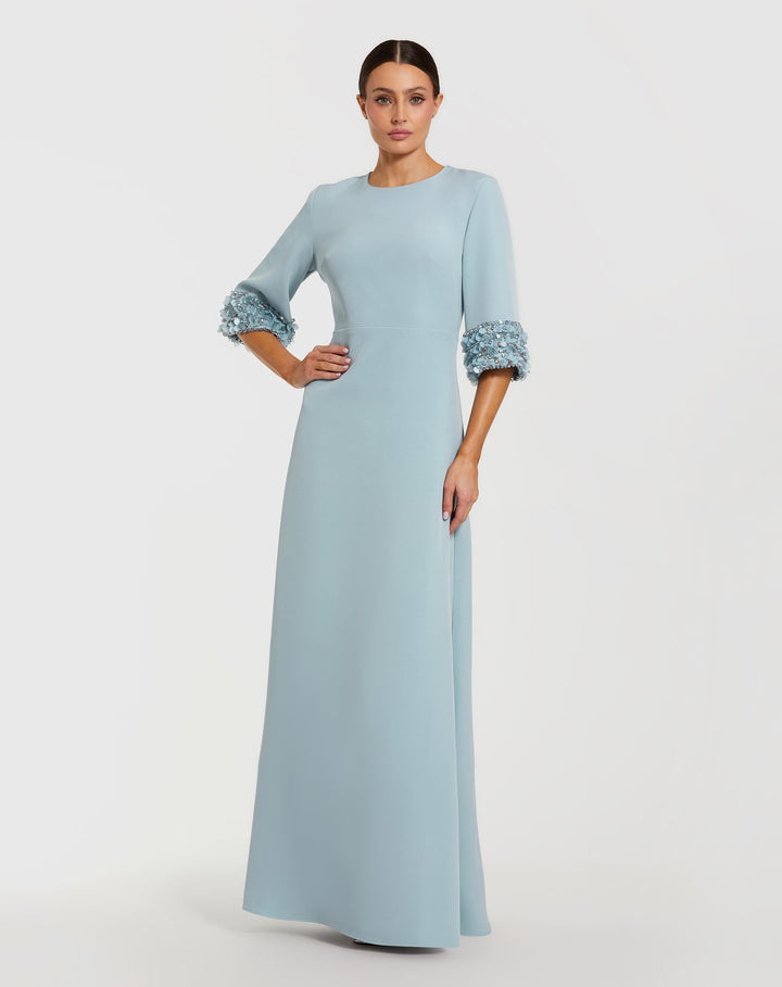 Blue A-Line Crepe Gown With Embellished 3/4 Sleeves - FOSTANI.com