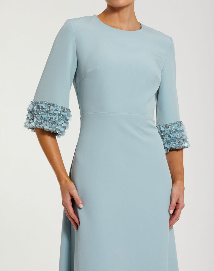 Blue A-Line Crepe Gown With Embellished 3/4 Sleeves - FOSTANI.com