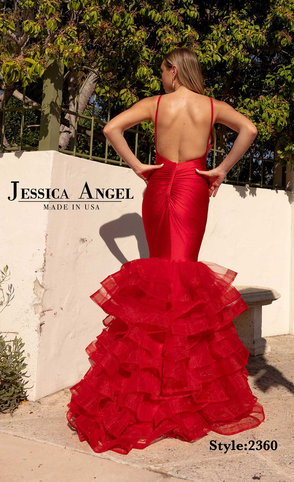Jessica Angel 2360 tiered ruffle mermaid prom dress back view