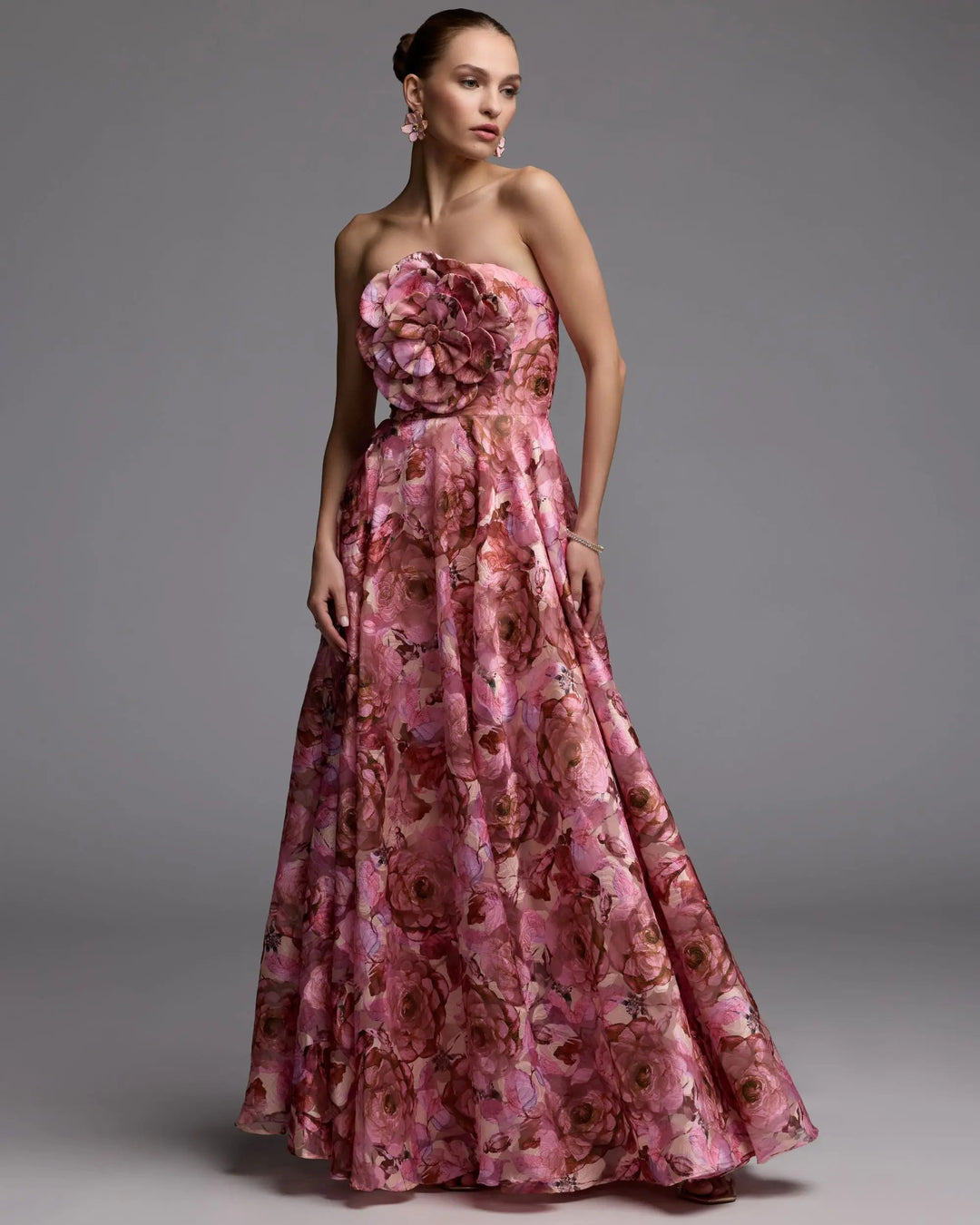 Mac Duggal 2360 Strapless Floral Printed A-Line Gown With 3D Flower