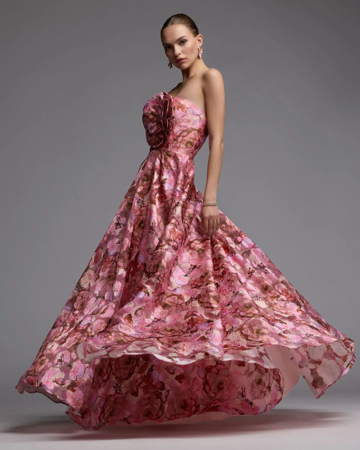 Mac Duggal 2360 Strapless Floral Printed A-Line Gown With 3D Flower