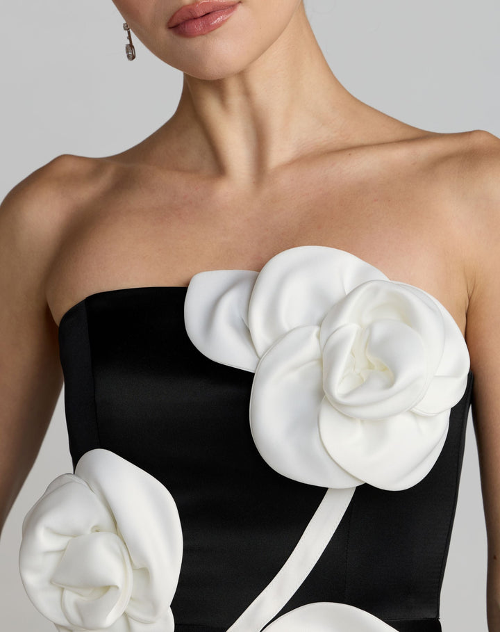 Mac Duggal 2362 Black Strapless Satin A-Line Dress With 3D Flowers
