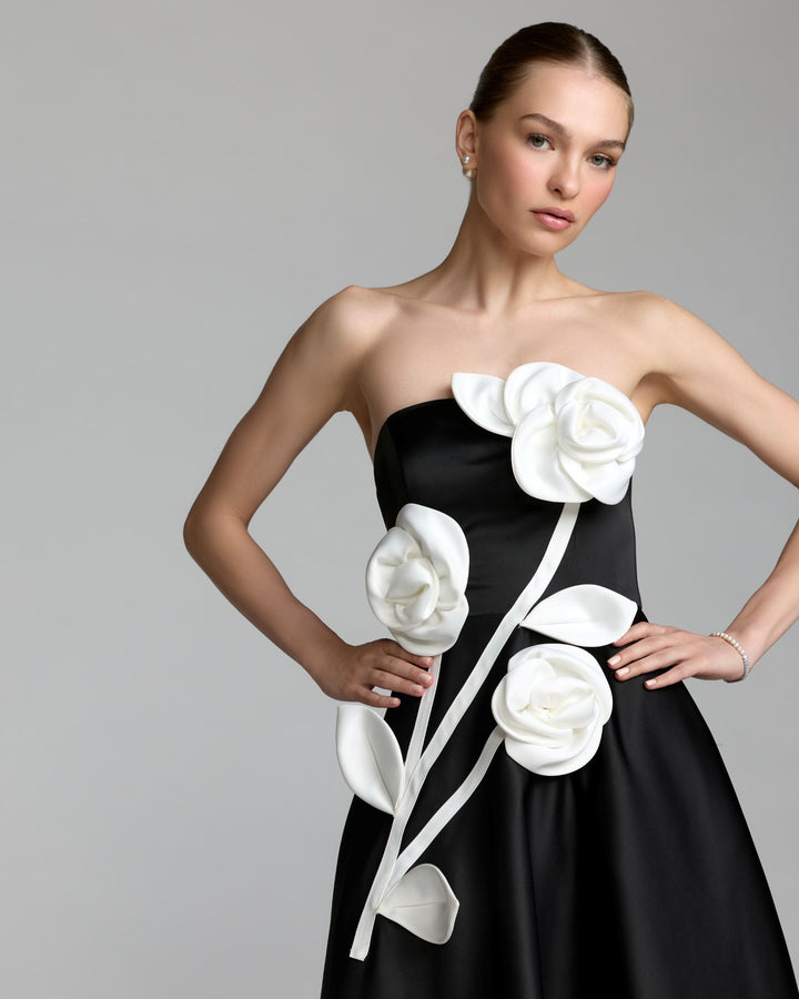Mac Duggal 2362 Black Strapless Satin A-Line Dress With 3D Flowers
