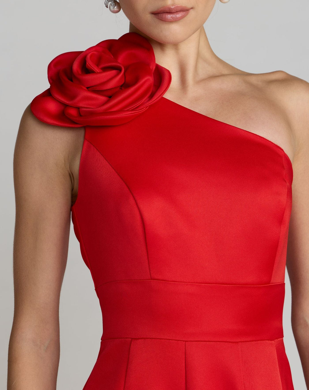 Mac Duggal 2364 Red One Shoulder Satin Midi Dress With 3D Flower