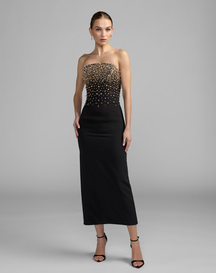 Mac Duggal 2367 Beaded Strapless Crepe Midi Dress
