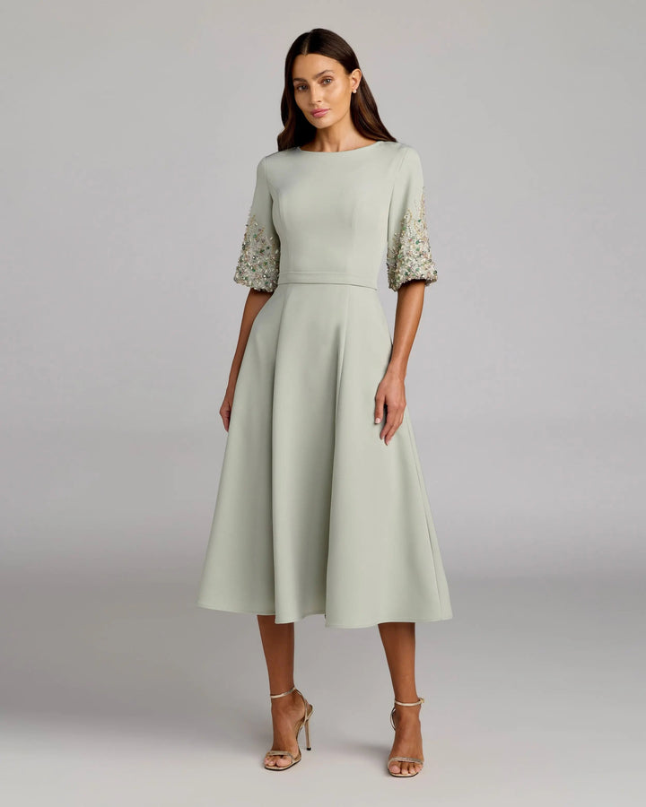 Green Crepe A Line Midi Dress With Beaded Sleeves - FOSTANI.com