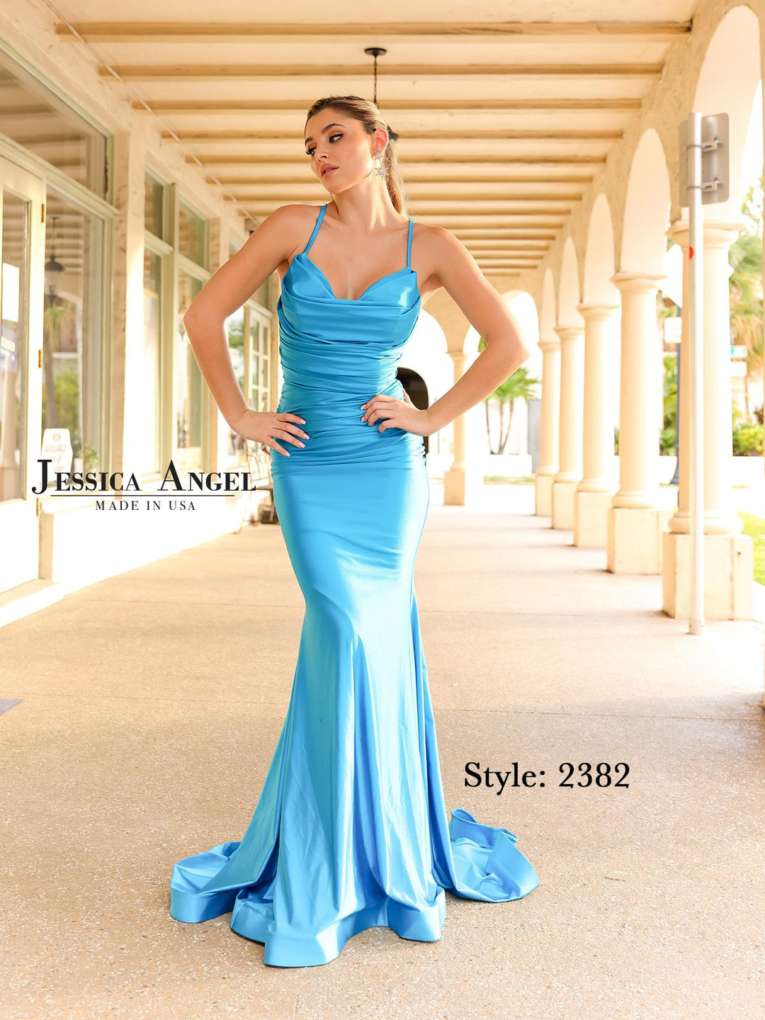 Jessica Angel 2382 cowl neck jersey mermaid gown front view 2