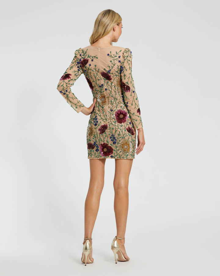 Mac Duggal 24006 Floral Beaded Long Sleeve Mini Dress