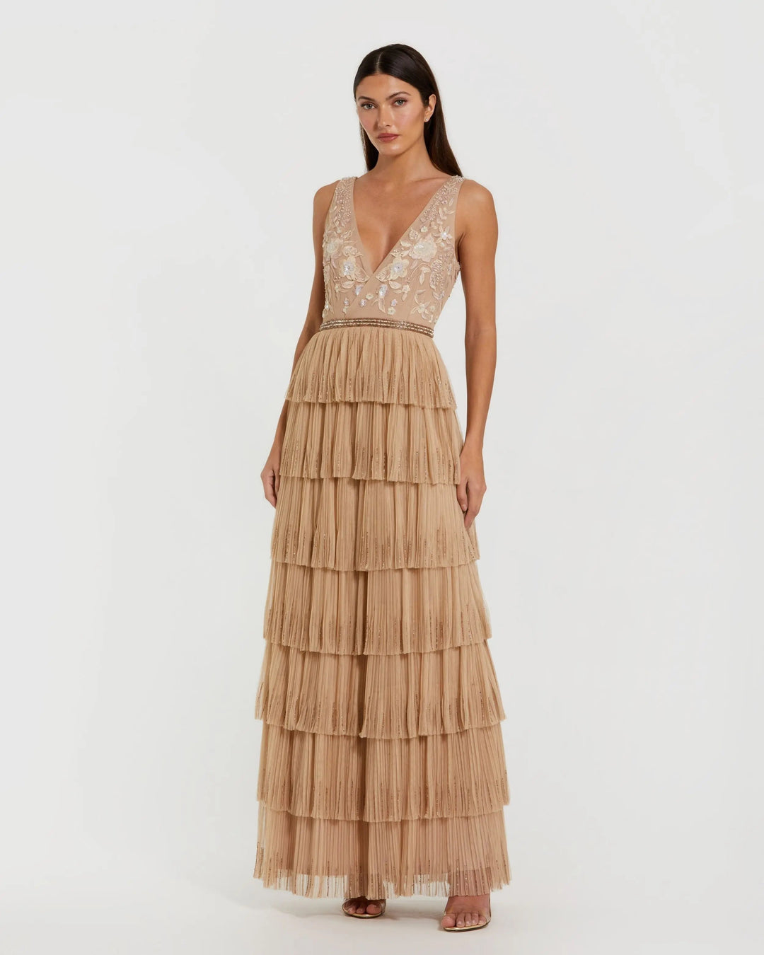 Mac Duggal 24061 Beige Beaded Mesh V Neck Gown With Tiered Ruffles