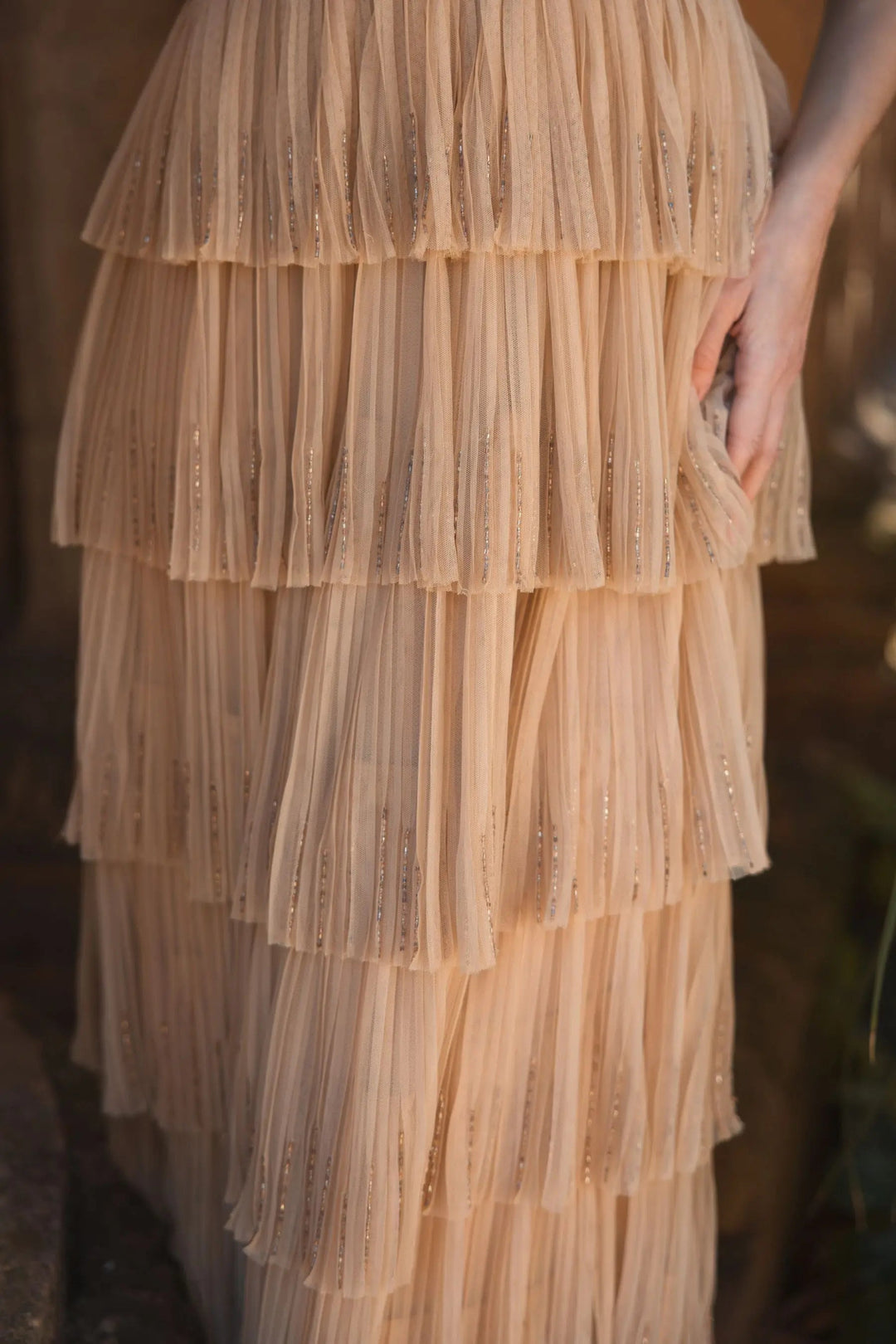 Mac Duggal 24061 Beige Beaded Mesh V Neck Gown With Tiered Ruffles