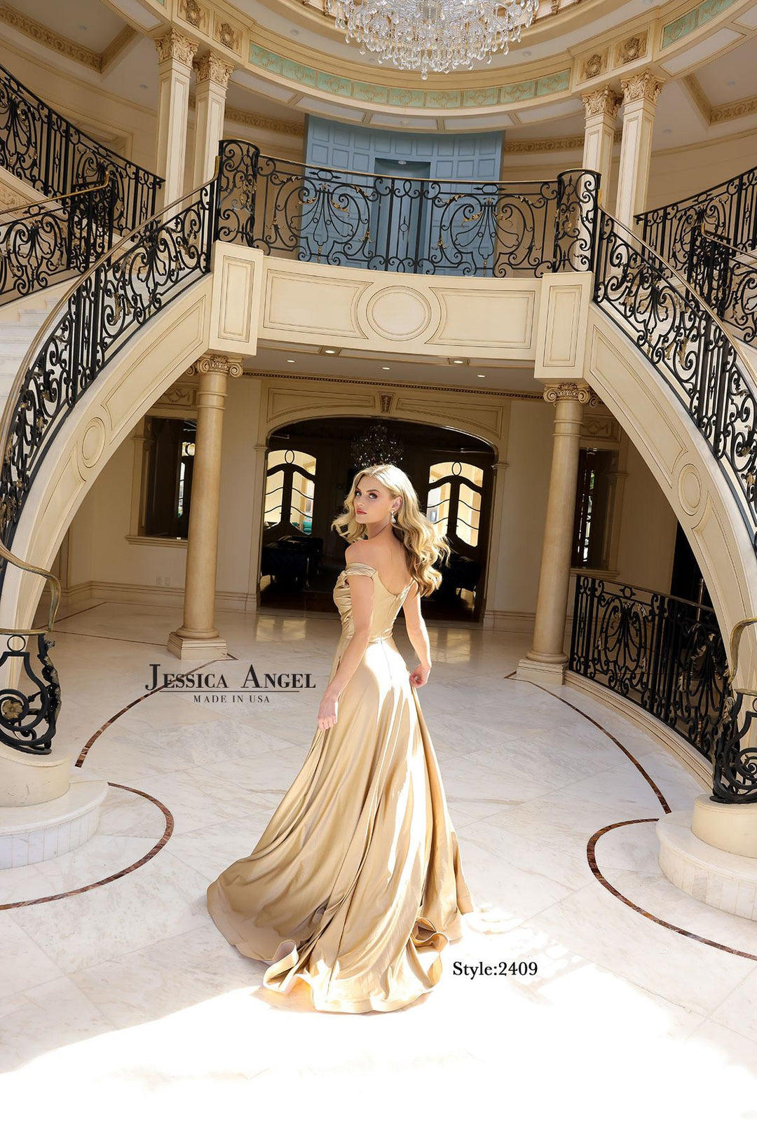 Jessica Angel 2409 jersey A-line gown back view 2