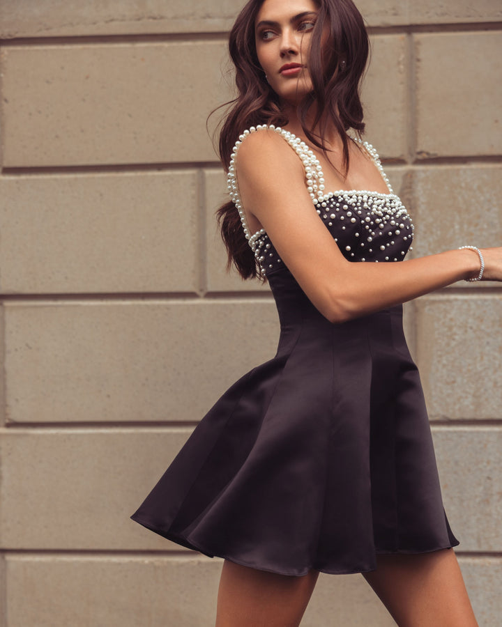 Mac Duggal 2427 Pearl Embellished Satin Mini Dress