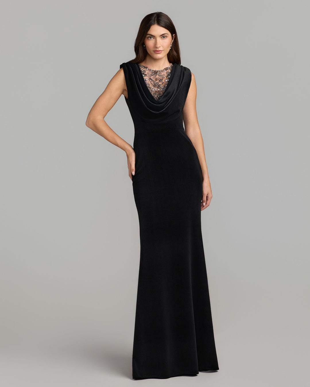 Mac Duggal 2449 Velvet Cowl Gown With Sheer Beaded Neckline