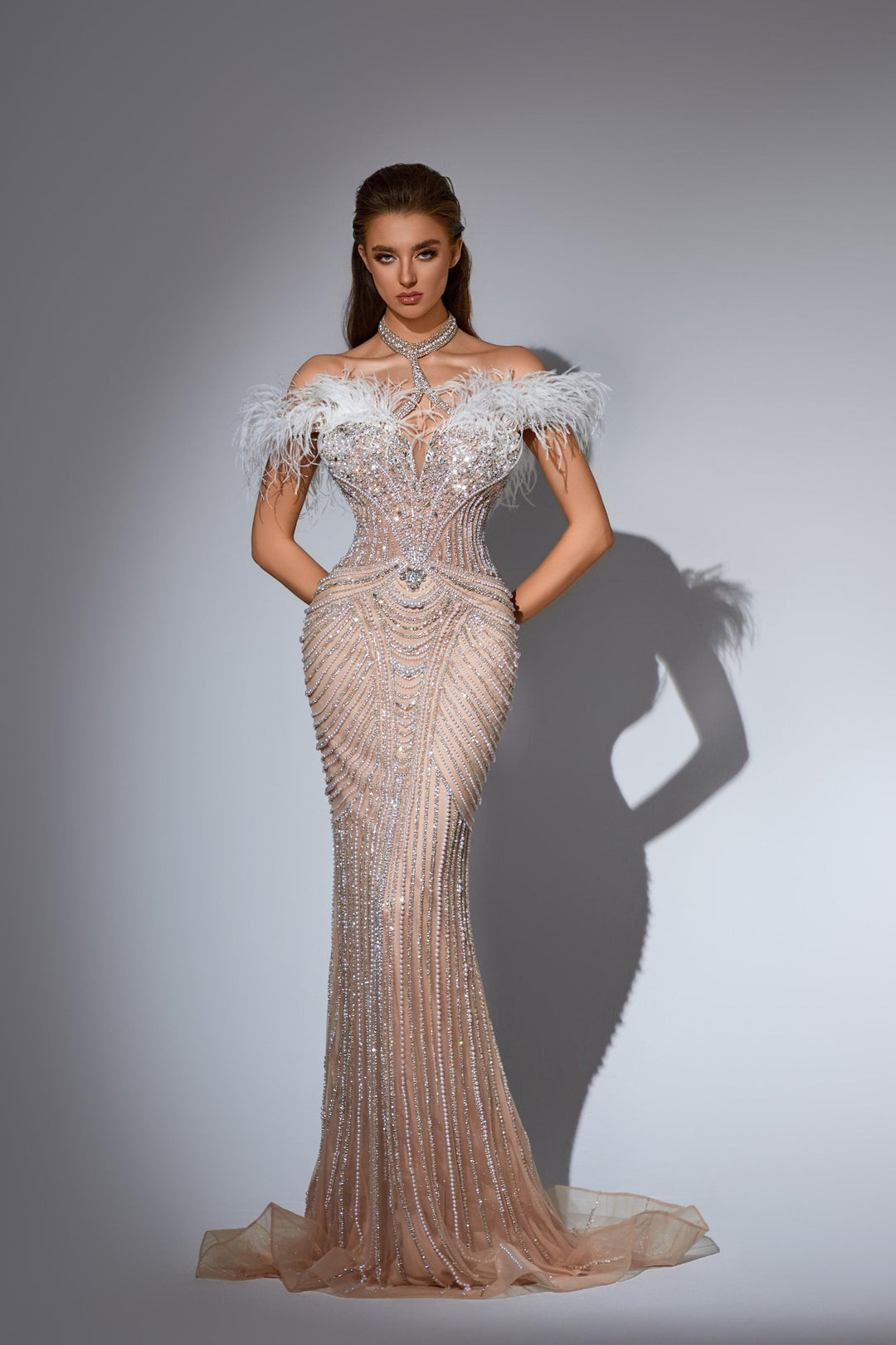 Delilah LD11439 Off-the-Shoulder Feather Trim Beaded Corset Mermaid Gown with Choker Strap - Champagne front view