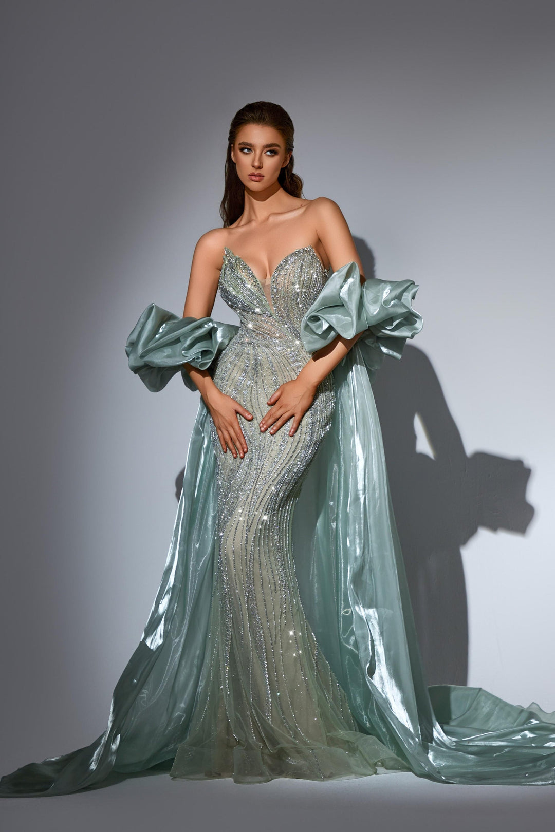 Delilah HM402 Strapless Plunging Sweetheart Beaded Mermaid Gown with Ruffled Overskirt - Mint front view