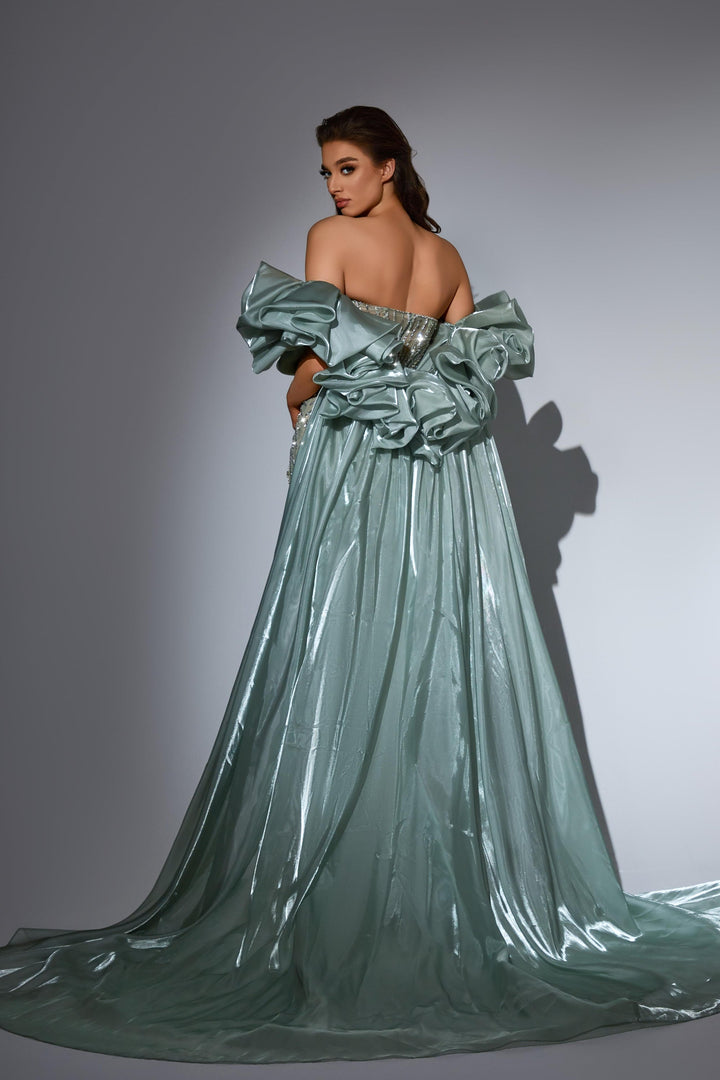 Delilah LD11441 Strapless Beaded Corset Mermaid Gown with Rosette Overskirt Train - Mint back view