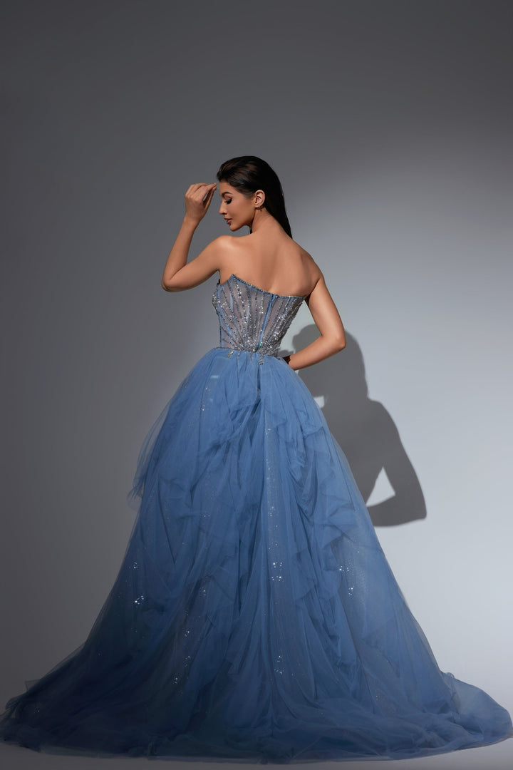 Delilah LD11481 Strapless Sweetheart Beaded Corset Sheath Gown with Ruffled Sparkle Overskirt - G.Blue back view