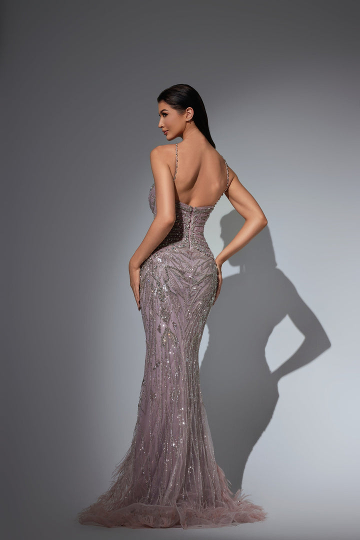 Delilah LD21122 Sweetheart Beaded Sheath Gown with Crisscross Straps and Feather Hem - Pink back view