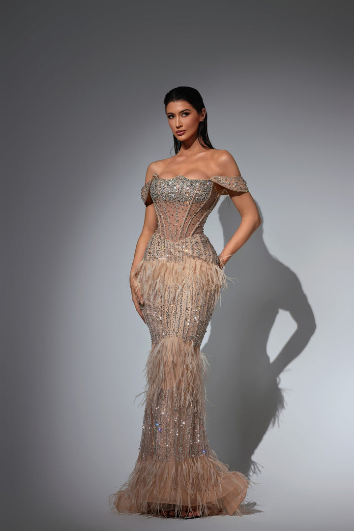 Delilah LD21098 Off-the-Shoulder Crystal Corset Sheath Gown with Feather Hip and Hem - Khaki front view